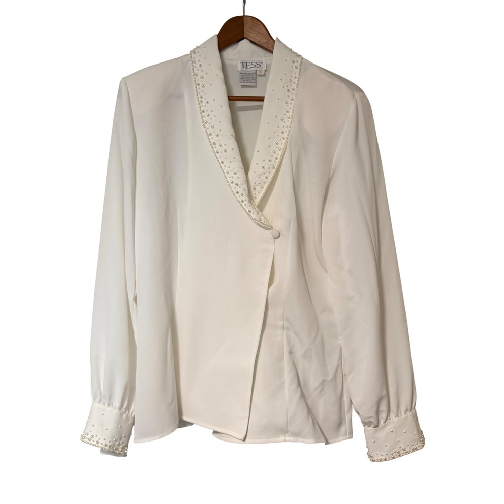 Tess Vintage Beaded Shawl‎ Collar Blouse Womens 8 White Faux Pearl Polyester